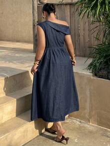 Dazy Plus Dark Wash Blue Vacation Style Off-Shoulder Cinched Waist Maxi Denim Dress, Casual For Plus Size Women - Dark Wash - View 2