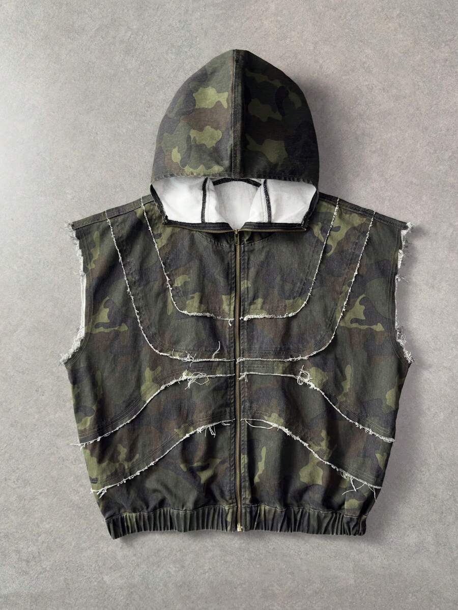 ROMWE MEN Goth Men's Fashion Camouflage Pattern Sleeveless Hooded Denim Vest - Multicolor - View 1