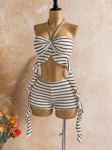 Soleia New Vacation Blue & White Striped Camisole Top And Mini Skirt Set, Summer, Spring, Vacation, Beach, Outing, Striped Two Pieces Set, Women's Vacation Two Pieces Set, Summer Two Pieces Set, Red & White Swimsuit, Swimwear Two Pieces Set, Party Outfit, Ruffle - Coffee Brown - View 5