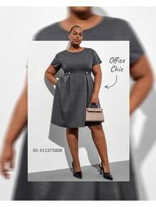 Chikora Plus Size Women's Brown Baggy Solid Color Round Neck Pleated Elegant Formal Commuter Autumn Casual Dress Suitable For Summer Spring Office Evening - Grey - View 9