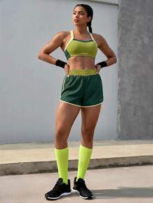 Powerista 女款運動套裝配色拼接交叉式運動內衣與短褲套裝 瑜珈套裝 適合健身、運動、瑜珈 - 彩色 - 查看 6