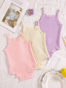 SHEIN Vintaside Kids Set de 3 piezas de bodis de punto de unicolor versátiles y cómodos para bebés recién nacidas, para primavera/verano - Multicolor - Ver 2