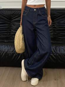 DAZY 女士带口袋阔腿宽松休闲百搭牛仔裤 - 深色水洗藍 - 查看 3