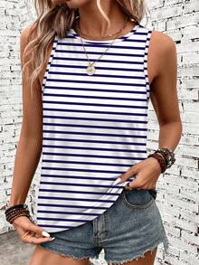 SHEIN LUNE Women's Striped Round Neck Casual Versatile Tank Top - Blue - View 4