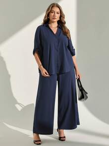 Chikora Plus Size Summer Blue Open Front Two Pieces Set, Blue Two Pieces Set, Office Wear, Suitable For Multiple Occasions, Textured Fabric - Blue - View 4