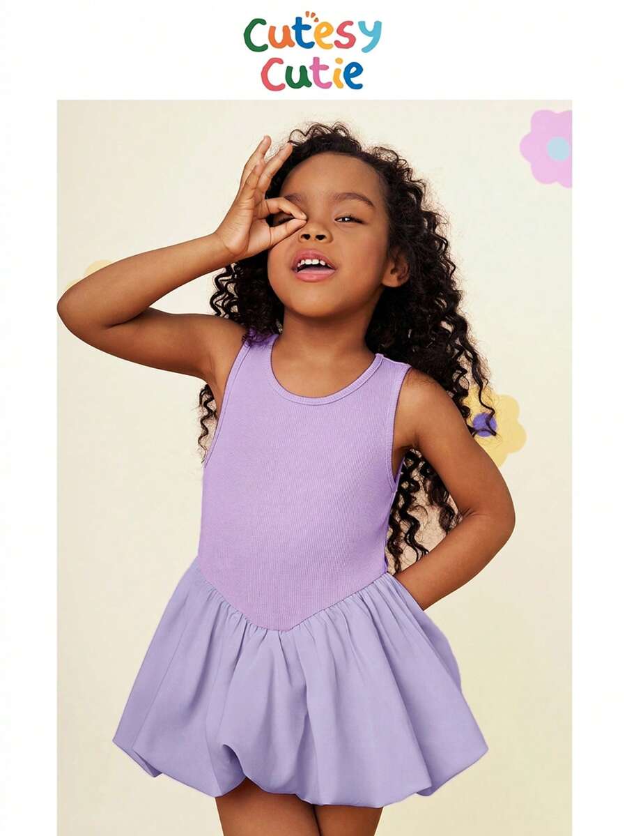 SHEIN Kleine Mädchen Kleine Mädchen gestricktes einfarbiges Rundhals Patchwork gewebtes figurbetontes Kleid - Violett - Übersicht 1