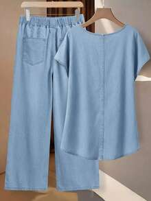 EMERY ROSE EMERY ROSE Setelan Wanita Atasan Lengan Panjang Leher V dengan Kancing dan Celana Panjang Pinggang Elastis Bahan Denim untuk Liburan Musim Panas di Pantai, Warna Biru Muda Kasual - Biru - View 5