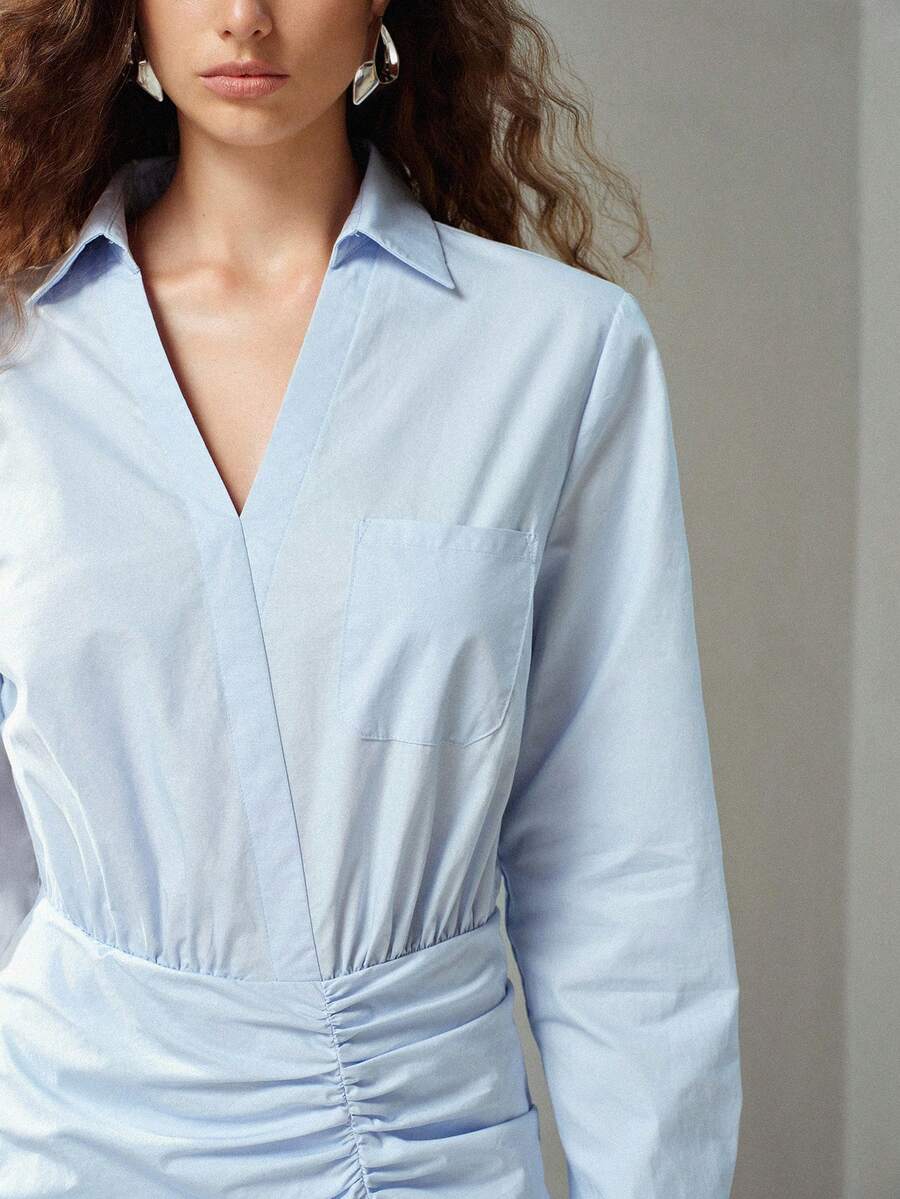 MOTF PREMIUM WOMEN'S SPRING/AUTUMN ASYMMETRIC PLACKET PLEATED WAIST SHIRT DRESS - Blue - View 2