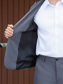Calvornis 男士優雅正式灰色西裝套裝，純色平駁領單排扣西裝外套 & 長褲，秋季商務休閒通勤婚禮派對穿搭，老錢風，儀式感 - 灰色 - 查看 7