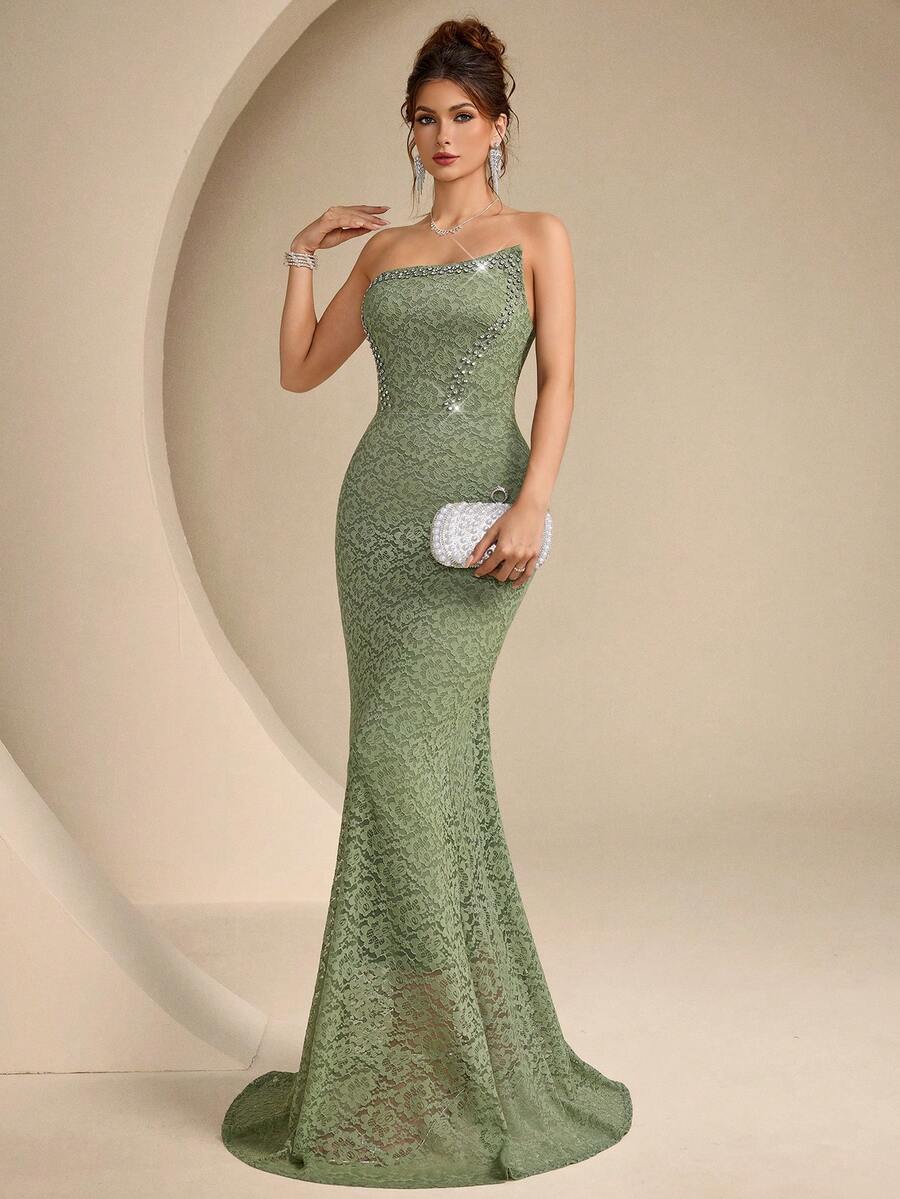 Coutiva 女款綠色水鑽裝飾蕾絲圖案抹胸大禮服洋裝 - 綠色 - 查看 1