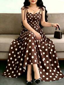 Elenzga New Elegant Polka Dot A-Line Cinched Waist Summer Dress For Ladies - Brown - View 1