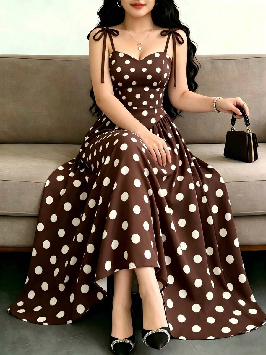 Elenzga New Elegant Polka Dot A-Line Cinched Waist Summer Dress For Ladies - Brown - View 1