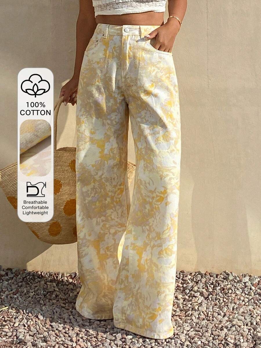 Livesso 夏秋春季黃色深色底植物花卉滿版印花寬鬆商務休閒辦公穿搭寬腿直筒長褲女款牛仔褲 - 米色 - 查看 1