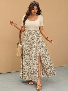 Elaquor Plus Size Women Summer Casual Patchwork Ditsy Floral High Slit Round Neck Dress - Apricot - View 6