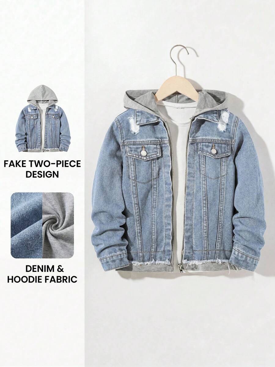 SHEIN Veste Bolty pour adolescent garçon, mode décontractée Y2k vintage cool, streetwear, découpes, déchirures, effilochages, denim bleu, tricot gris, à capuche, ample, manches longues, vêtements pour adolescent garçon, tenue quotidienne, tenue d'hiver et d'automne, tenue de rave, tenue de festival, vêtements streetwear - Bleu azur - Voir 1