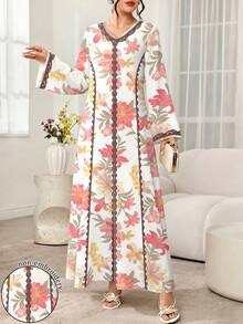 SHEIN Najma 紅色大碎花假蕾絲飾邊女款時尚V領長袖碎花洋裝，白色優雅長裙配花卉圖案，舒適女裝適合春夏季 - 彩色 - 查看 1