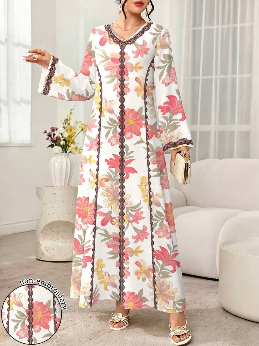 SHEIN Najma 紅色大碎花假蕾絲飾邊女款時尚V領長袖碎花洋裝,白色優雅長裙配花卉圖案,舒適女裝適合春夏季 - 彩色 - 查看 1