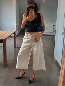 DAZY Quần jeans nữ ống rộng dáng suông, dài 3/4, thiết kế cạp nút, phong cách thường ngày - Màu Khaki - Xem 7