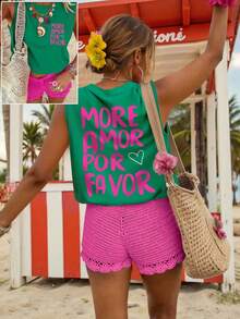 DrmWander Plus Size Vacation Casual Letter Print Tank Top - Green - View 1