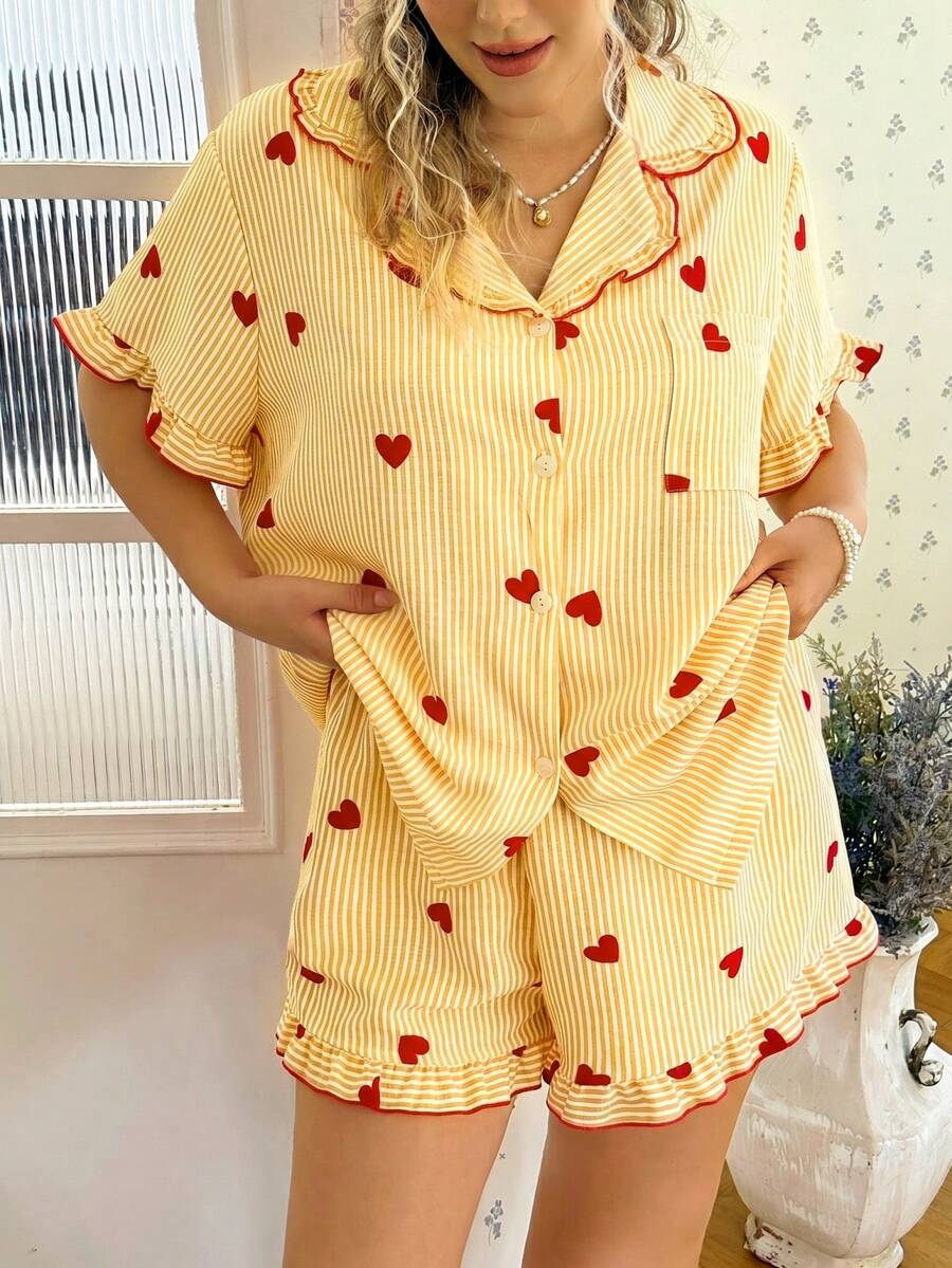 CottageSlumber Pink Heart Print Ruffle Collar Button-Up Short Sleeve Shorts Pajama Set Plus Size - Yellow - View 1