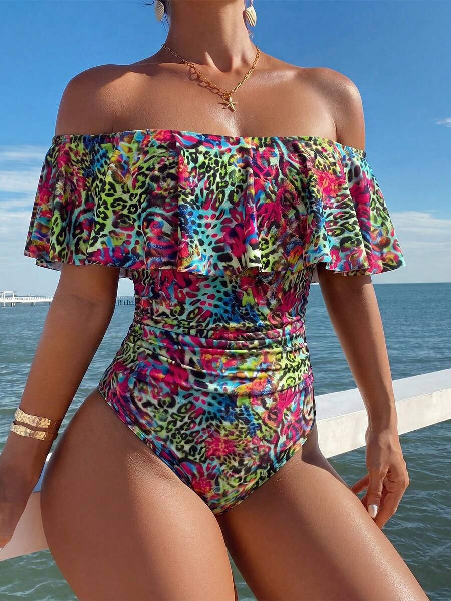 Swim Lushoire Spring/Summer Leopard Print Ruffle Off-Shoulder Side Ruched One-Piece Women's Swimsuit, Festival Boho - Multicolor - View 1