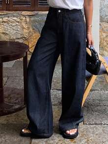 DAZY 女士常规腰线装饰宽松香蕉裤，休闲都市牛仔裤 - 深色水洗藍 - 查看 4