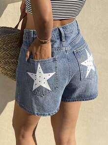 Shorts vaqueros casuales de verano para mujer con estampado de estrellas y lunares - Lavado ligero - Ver 8