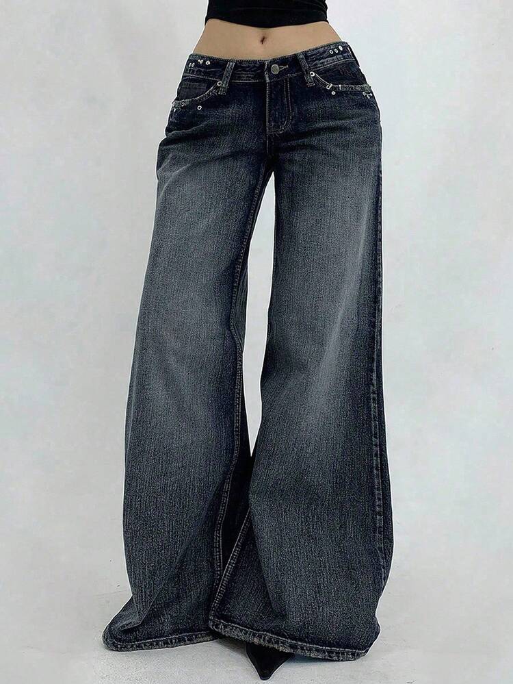 Tall Women's Elegant Bell-Bottom Jeans With Rivet Decor, Sexy Casual