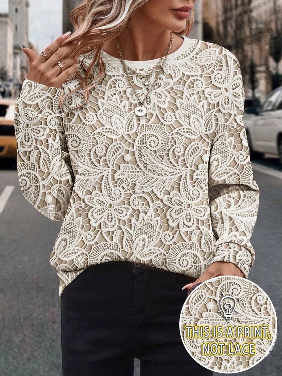 EMERY ROSE Women's Lace Print Graphic Sweatshirt, Comfortable Crew Neck Long Sleeve, Suitable For Everyday Wear - Multicolor - View 1