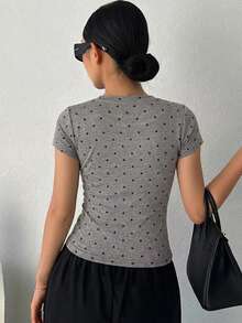 DAZY Women's Round Neck Short Sleeve Fitted Polka Dot Undershirt - Grey - View 3