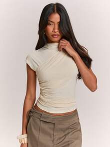 SHEIN BAE Women's Solid Color Stand Collar Pleated Slim Fit Versatile Casual Sexy T-Shirt Going Out White Summer - Apricot - View 7