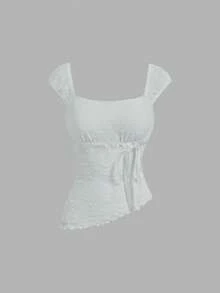 SHEIN MOD 女款綁帶修身百搭日常外出短袖上衣 - 淺藍色 - 查看 3