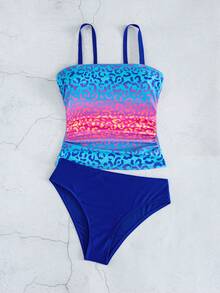 Swim Lushoire Women's Gradient Leopard Print Tankini 2-Piece Swimsuit, Adjustable Spaghetti Strap, Ruched Tummy Control Top, Solid Color Triangle Bottoms, Blue To Pink Gradient Beach Pool Vacation Swimwear - Multicolor - View 4