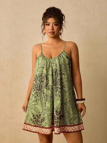 Travachic Plus Size Women's Vacation Palm Tree Print Loose Camisole Romper - Green - View 5