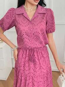 DAZY Conjunto de 2 piezas para mujer primavera verano otoño: Blusa de algodón bordada con mangas cortas abullonadas y cuello, con falda larga de volantes en capas - Rosa Fucsia - Ver 4