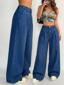 SHEIN Teen Girls Fashion Casual Y2k Vintage Cool Street Simple Basic Blue And White Thin Stripe Loose Wide-Leg Jeans For Kids Clothes Teen Girls Dailywear And Kids Spring To Summer Rave Outfits Festival And Outfits Streetwear Clothes - Dark Wash - View 3