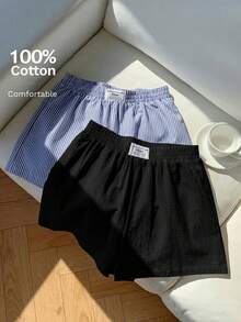 Comfortcana 2pcs/Set Celana Pendek Longgar Kasual Musim Panas Wanita, Set Lilitan Tali Serut Hitam dan Pita Linen, Cocok untuk Liburan Pantai, Sangat Pendek - MultiWarna - View 2