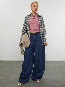 COUREZ 長袖寬鬆格紋雙層襯衫/Y2K Grunge街頭風女款秋季灰色格紋休閒外出穿搭日常穿搭 - 黑色 - 查看 3