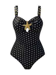 Swim Oasis Women's One-Piece Star Decor Cute Casual Vacation 2 Pieces One-Piece Swimsuit - Black - View 3