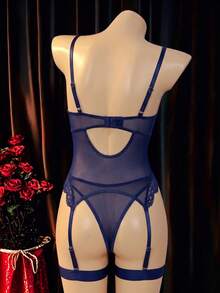 SHEIN 4件組蕾絲飾邊性感內衣套裝 - 寶藍色 - 查看 6