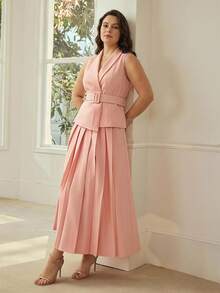 MOTF PREMIUM WOMEN'S PLUS SIZE ELEGANT COMMUTER WAIST-CINCHED WAISTCOAT & 2 SKIRT PIECES SET - Pink - View 3