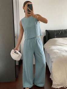Livesso 女款藍灰色牛仔套裝，圓領無袖修身短版上衣搭配鬆緊腰寬鬆寬腿長褲，適合夏季與秋季 - 淺藍色 - 查看 5