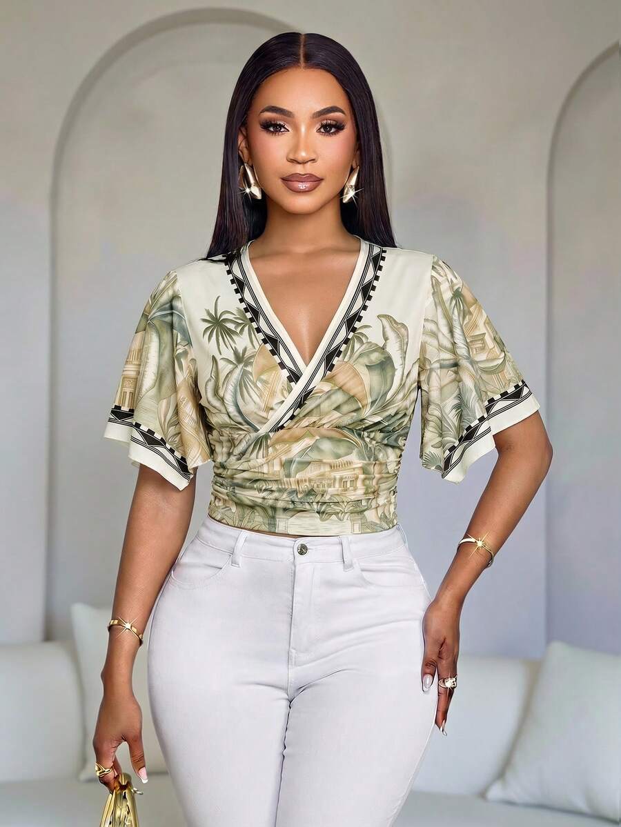 SOLERSUN Women's Spring/Summer Retro Tropical Elegant Print V-Neck Bell Sleeve T-Shirt, Stylish Vacation Party Wear Beige - Apricot - View 1