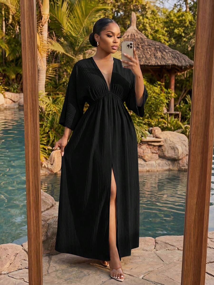 SHEIN Lady CURVE 大尺碼女款素色百褶修身開衩洋裝 - 黑色 - 查看 1