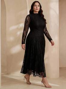 Graceveil Vestido de mujer estilo francés con cuello alto, encaje y cintura ceñida, elegante para vacaciones, color negro - Negro - Ver 6