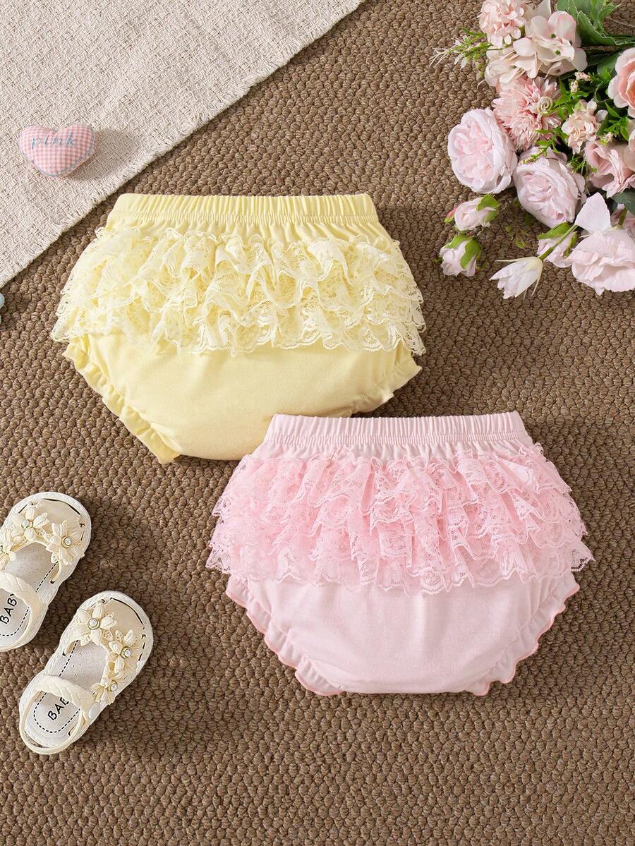 Souflis Souflis 2 Packs Baby Girls Summer Ruffle Bloomers Shorts Pink White Striped Lace Mesh - Multicolor - View 1