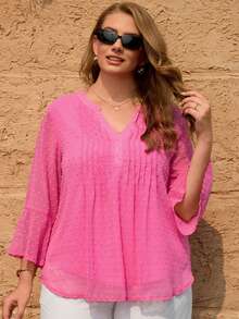 Miaspire Damen Sommer Bluse mit Cut-Out, 3/4 Ärmel, Rosa, Lässig, Urlaub, Große Größen - Pink - Übersicht 3