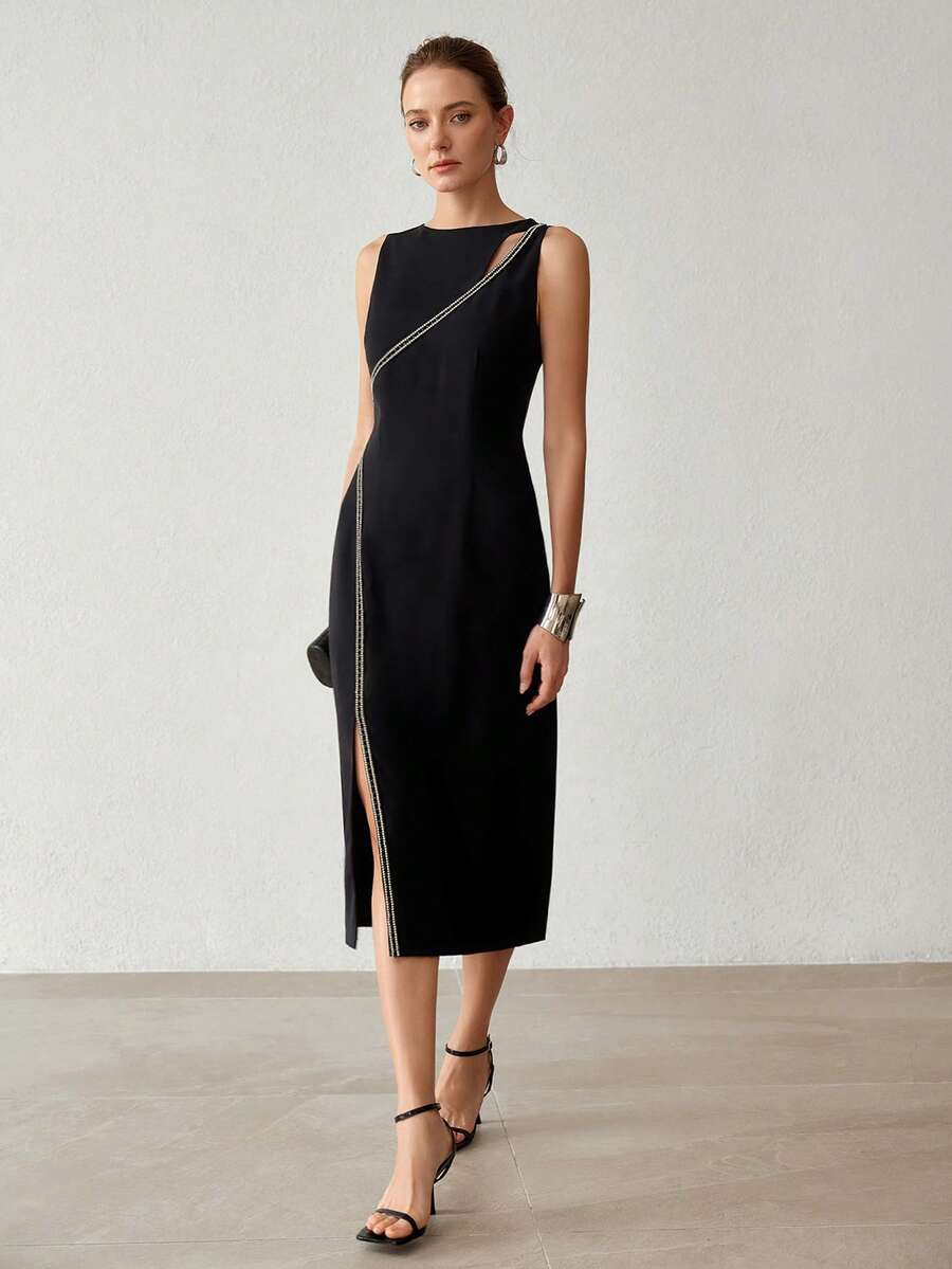 MOTF PREMIUM FAUX PEARL DECORATED HOLLOW OUT SLEEVELESS HIGH SLIT HEM DRESS - Black - View 1