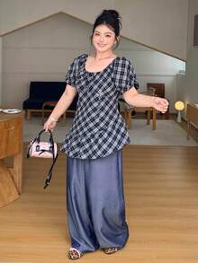 Dazy Plus 格紋圓領休閒短袖修身長版襯衫，春/夏，大尺碼圖案T恤 - 藏蓝色 - 查看 8