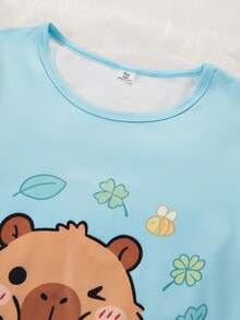 2pcs/Set Piyama Atasan Pendek Bahu Longgar & Celana Pendek Anak Perempuan, Motif Capybara Lucu, Kain Lembut & Nyaman, Gaya Rumahan yang Santai Namun Tetap Ceria - Mint Green - View 6